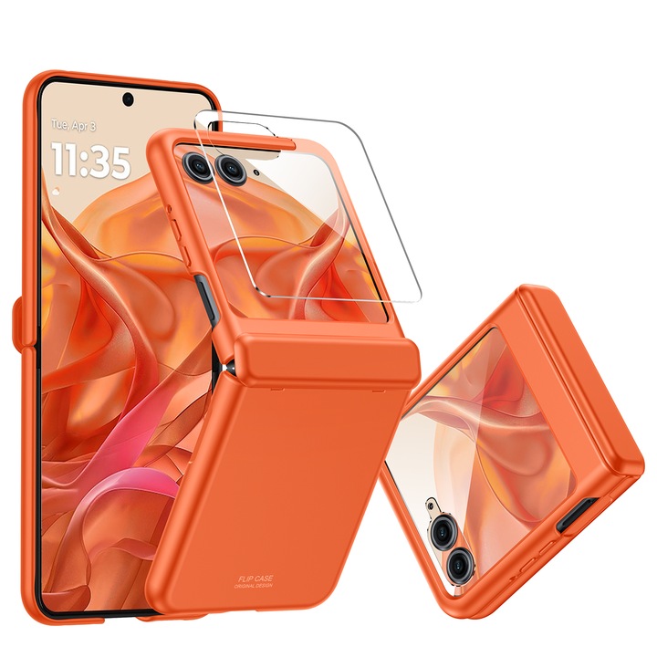 Husa pentru Motorola Razr 50 / Razr 60, carcasa protectie completa 360, anti-soc, protectie balama, folie sticla HD, slim, Portocaliu