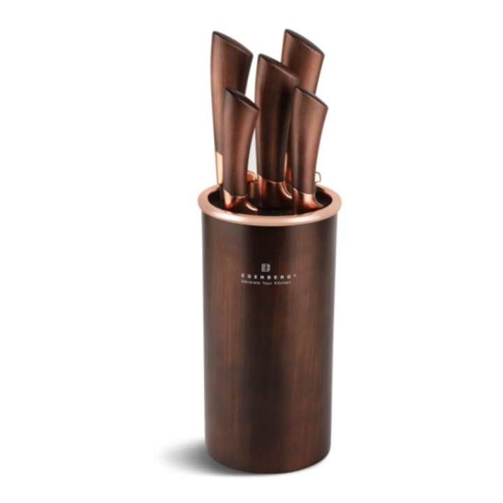 Set cutite bucatarie premium Edenberg, 6 piese, 5 cutite si suport cilindric elegant, otel inoxidabil cu continut ridicat de carbon, finisaj satinat, manere ergonomice