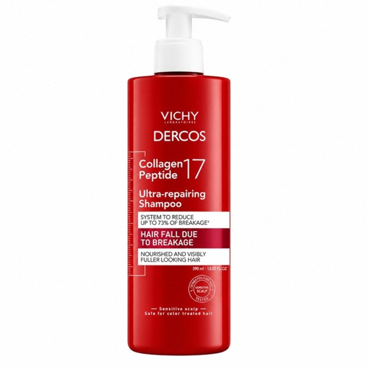 Sampon Vichy Dercos Collagen Peptide 17, 390ml, pentru par fragil, unisex, potrivit pentru scalp sensibil