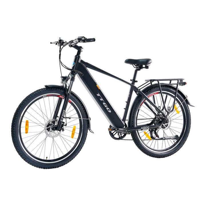 Bicicleta electrica 27.5 TTGO M300, baterie 36V 20Ah, autonomie pana la 120 km, motor 250W cu senzor de cuplu 55Nm, Shimano 7 viteze, suspensie fata blocabila, frane pe disc, ecran LCD, Negru