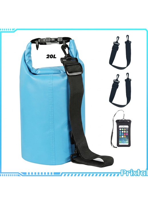 Geanta Impermeabila 20L, Rezistenta la Uzura, 100% Impermeabila, Capacitate Medie, cu Curea si Husa Telefon, pentru Camping, Plaja, Paddleboard, Albastru deschis
