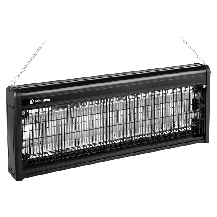 Elektromos rovarirtó lámpa Lehmann KOMARNIK 40RC, 40W, távirányító, 400 m² lefedettség, 2 LED fénycső, csendes működés, kivehető tálca, falra akasztható vagy asztalra helyezhető, fekete