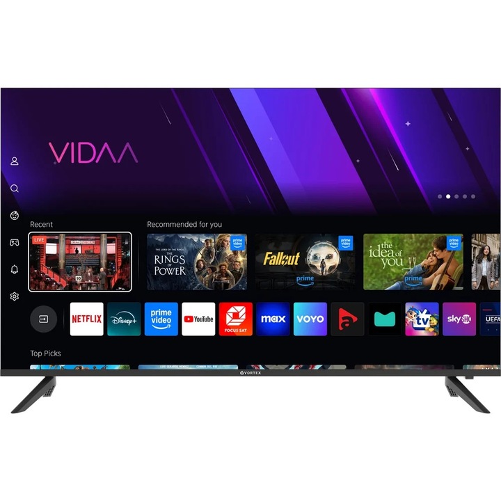 Televizor Smart LED VORTEX V50U401VS, 126 cm, 4K, Ultra HD, HDR, Wi-Fi, Netflix, YouTube, Screen Mirroring, Sistem operare VIDAA, DVB-T2/C/S2, HDMI, USB, Clasa E, Design Slim, Negru