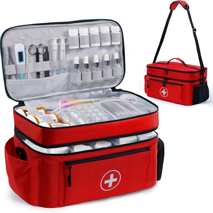 Trusa medicala de prim ajutor, Simply Joy, organizator pentru medicamente si consumabile, Capacitate mare, Curea de umar detasabila si separatoare, Geanta medicala pentru casa, masina, calatorii, 40 x 23 x 18 cm, Rosu