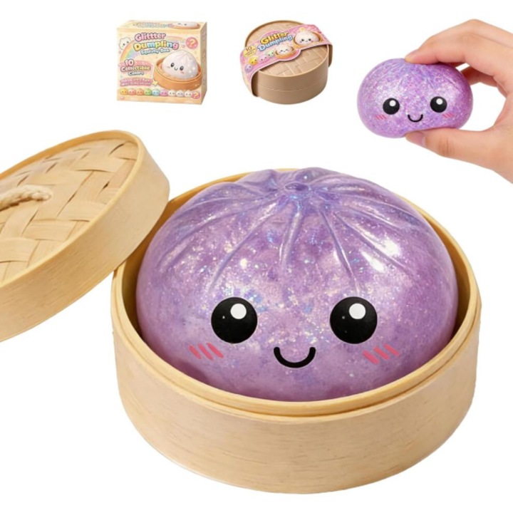 Dumpling Squishy – Puha nyomkodható stresszoldó labda dobozban, lila, 10cm