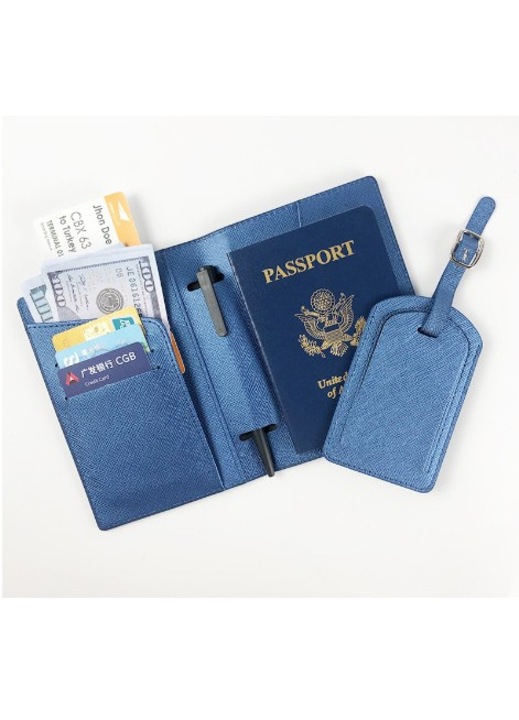 Portofel pentru Pasaport si Carduri, 23x16 cm, 70g, din Piele PU, Suport Pix, Accesoriu Suport Eticheta, Unisex, Multifunctional, Albastru