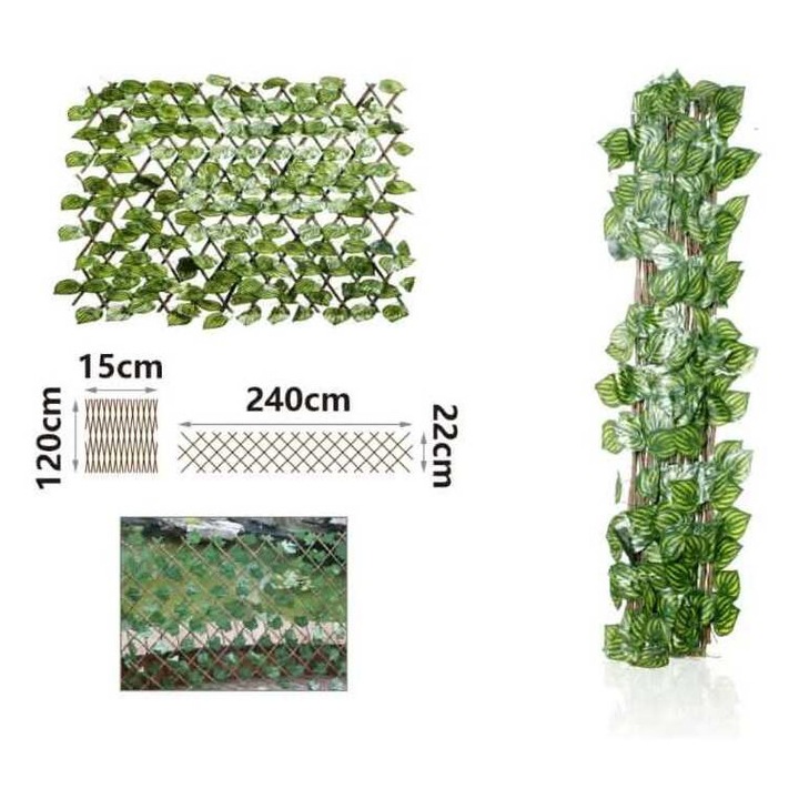 Kihúzható műanyag dekor kerítés apácarács mintás zöld levelekkel (240 cm) Kmt STYLE