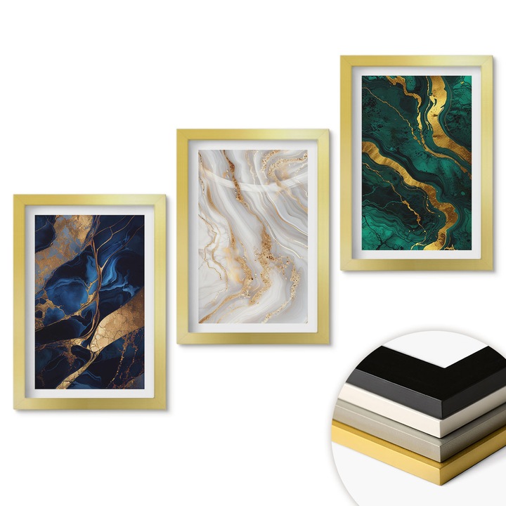 Комплект картини, Coloray, абстрактни десени, мултицветен, 20x30 см, златна рамка