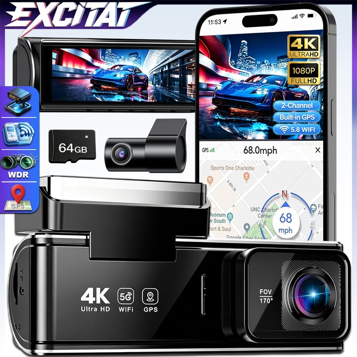 Camera Auto DVR, Excitat®, Camera de bord ultracompacta, FULL HD 4K, IPS 3.5 inch, GPS, WiFi, Inregistrare in bucla, Vedere nocturna, G-Sensor, Unghi filmare 170°, Camera video spate, Monitorizare parcare, Card 64GB, Smart App compatibil cu Google Maps