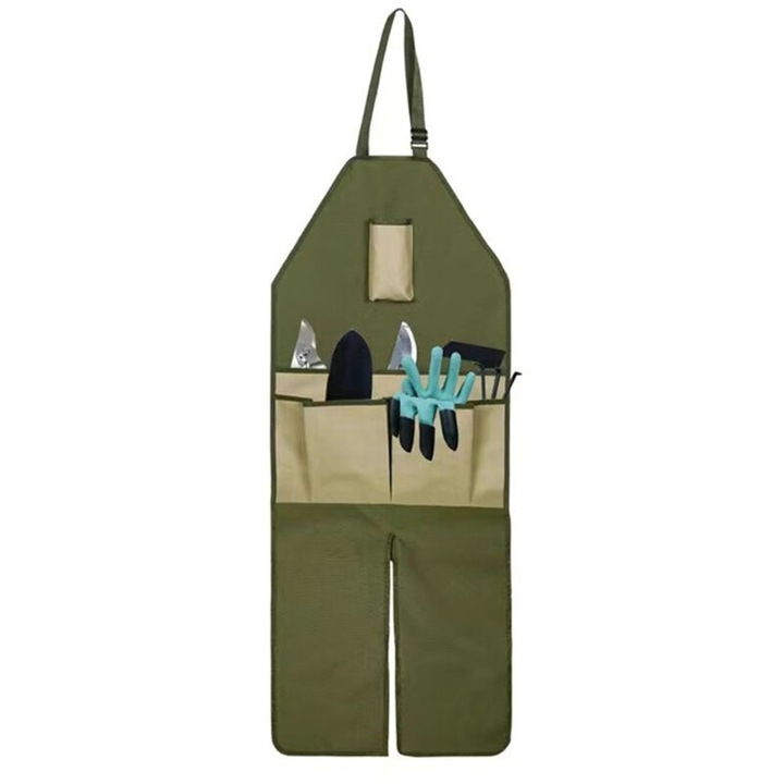 Sort de gradinarit impermeabil, lung, ajustabil, verde, tesatura Oxford 600D, cu protectie pentru picioare si buzunare.