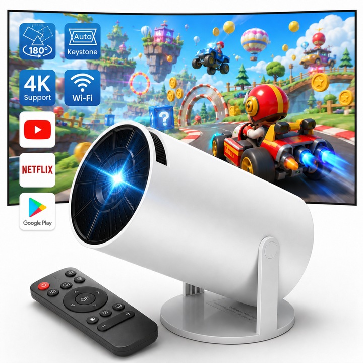 Proiector Smart 4K LEWER HY300, Android 11, Mirroring Android iOS, WiFi 2.4/5 GHz, Bluetooth 5.0, Rotatie 180°, Keystone 4D, Lampa 70.000 ore, HDMI — pentru Cinema Acasa, Gaming, Prezentari