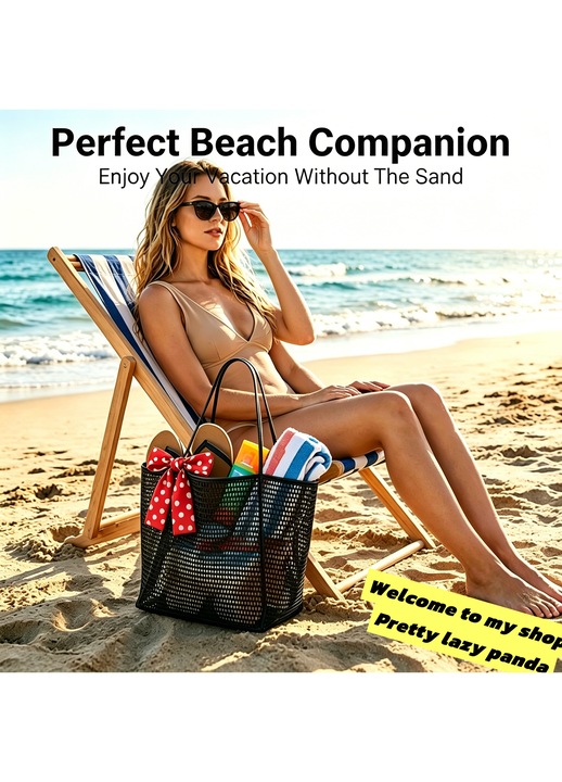 Geanta de plaja mare, design pliabil, Material plasa, Cadou geanta de plaja cu desene animate si esarfa, 35*37*16cm, Negru/Rosu