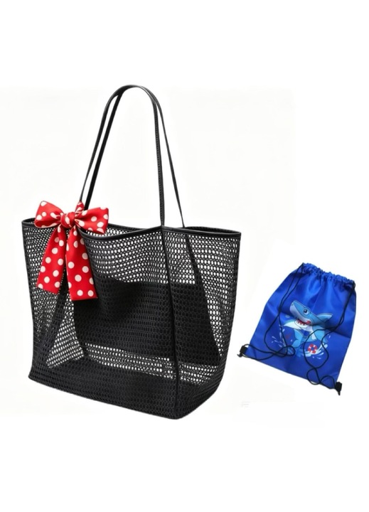Geanta de plaja mare, design pliabil, Material plasa, Cadou geanta de plaja cu desene animate si esarfa, 35*37*16cm, Negru/Rosu
