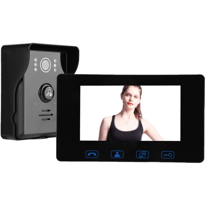 Interfon video cu fir, unghi 150, ecran 7 inch, vizionare nocturna, negru