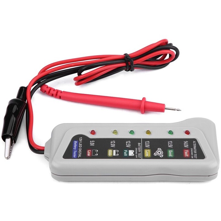 Tester baterie auto 12V, analog, protectie polaritate inversa, 12x4.5cm, cablu 68cm
