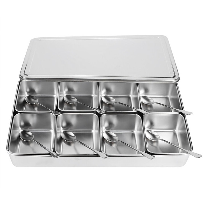 Set dozatoare condimente aluminiu 8 compartimente argintiu 45x30x7cm