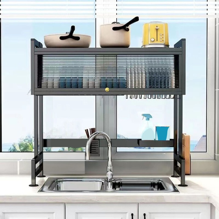 Scurgator vase din otel carbon, 3 niveluri, suport ustensile, 85x28.5x52cm, negru