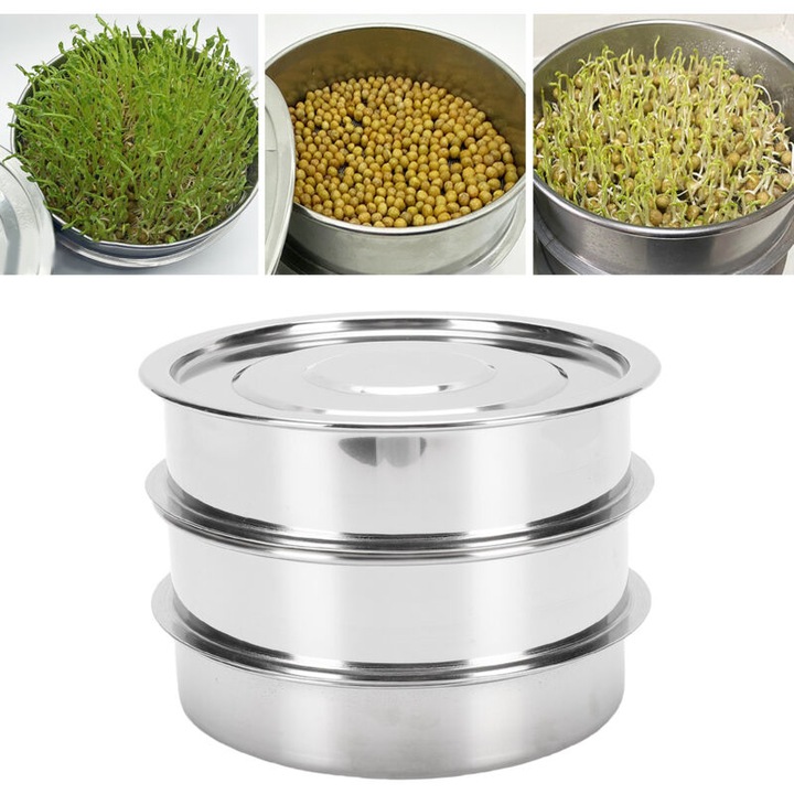 Kit germinare inox, 4 niveluri, 17cm, stivuibil, argintiu
