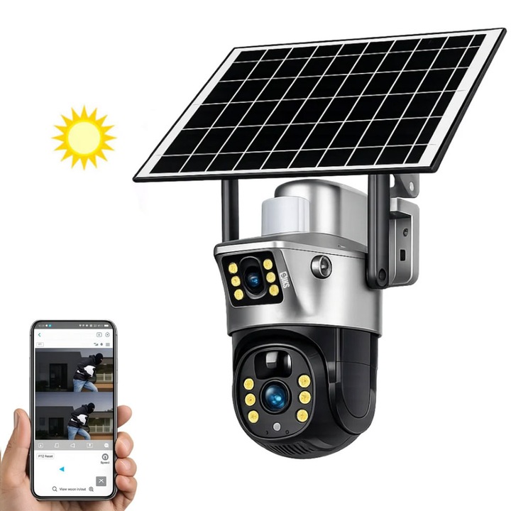 Camera Supraveghere Video 4K UltraHD SIKS, 2 Lentile, Panou Incarcare Solara, WiFi, 6MP, Slot MicroSD, Monitorizare Vocala, Rotire 360 Grade, Vedere Nocturna Smart IR, Senzor Miscare, Comunicare Bidirectionala, Alarma, Rezistenta La Apa, EC11, Negru