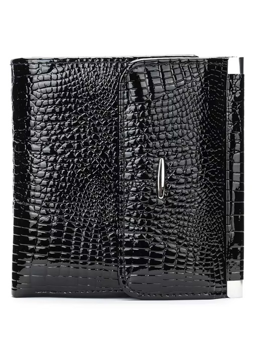 Portofel Dama Din Piele Naturala, IMODIX®, Textura Croco, Compartimentare Inteligenta, Sloturi Carduri, Buzunar Monede, Design Compact, Dimensiuni 10.5 x 10.5 cm, Model 1100, Negru