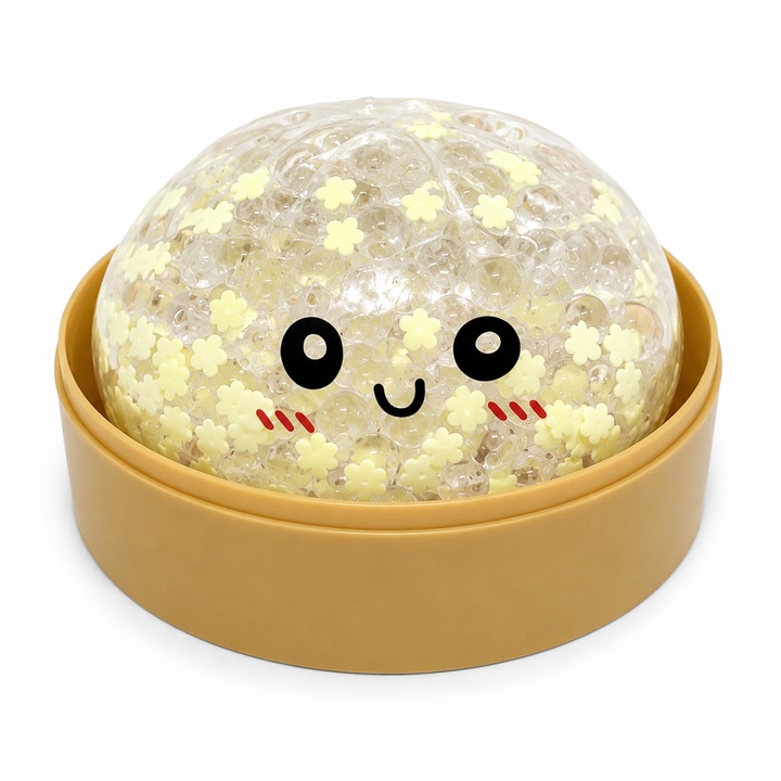Jucarie Squishy Antistres cu Beads si Fulgisori 9 cm, Model Mochi Transparent in Cutie