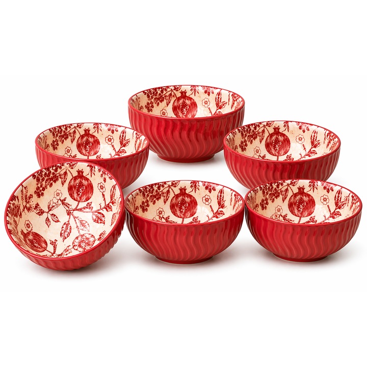 Set 6 Boluri Ceramice Rosii Cu Relief Decor Rodie Interior Alb 12 Cm Pentru Servire Invitati Salate Desert Aperitive Shopiens®