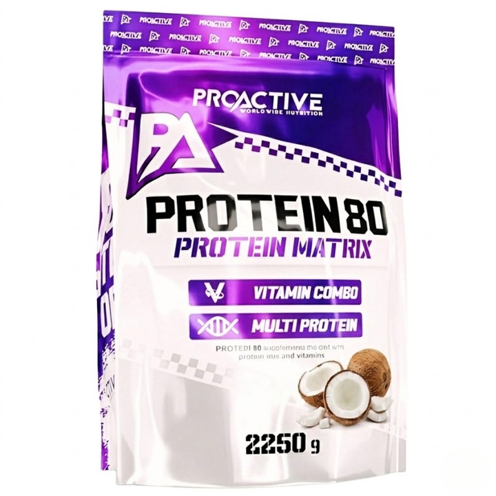 Supliment alimentar ProActive Protein 80, 2.25 kg, aroma de cocos, concentrat proteic din zer, pentru dezvoltarea masei musculare si refacere, ideal dupa efort fizic, solubilitate excelenta, calitate premium