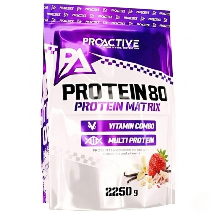 Supliment alimentar ProActive Protein 80, 2.25 kg, aroma de capsuni si vanilie, concentrat proteic din zer, pentru dezvoltarea masei musculare si refacere, ideal dupa efort fizic, solubilitate excelenta, calitate premium