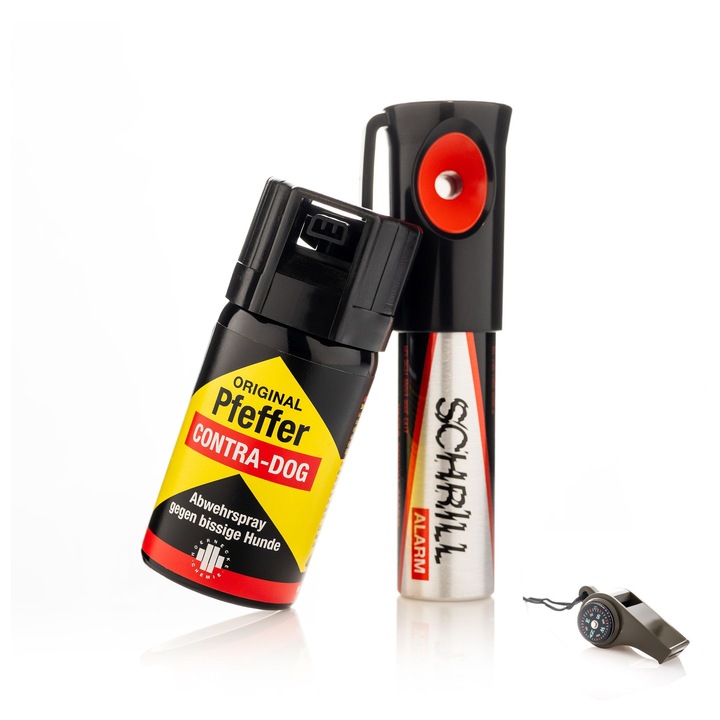 Set Protectie Caini cu Alarma Sonora si Spray Anti-Atac – Dispozitiv Siguranta Personala pentru Drumetii, Camping, Alergare si Plimbari, Caini, Sacali, Lupi - TW1000