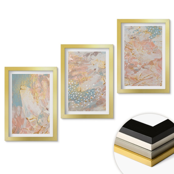 Комплект картини, Coloray, абстрактни пастелни мотиви, розово, 20x30 см, златна рамка