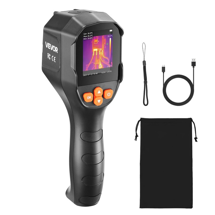 Camera termoviziune VEVOR, TISR 240x180, IR 96x96, camera 2MP, 25Hz, -20°C pana la 550°C, lanterna LED, IP54, 8GB, USB, pentru HVAC, electricieni si inspectii industriale