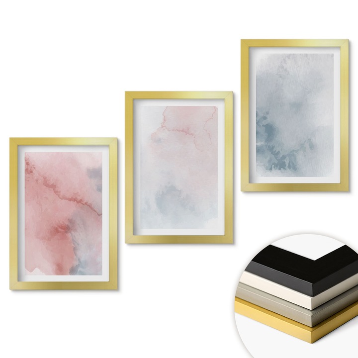 Комплект картини, Coloray, 3 части, пастелни акварели, розово, 20x30 см, златна рамка