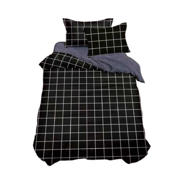 Lenjerie de pat, 4 piese, 1 persoana, 155x220, patratele, negru