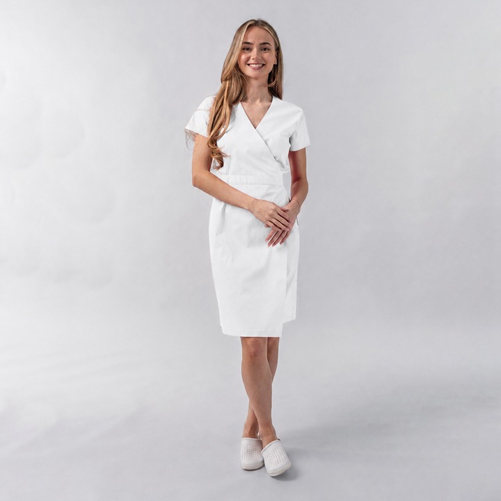 Sarafan medical Andra, tip kimono, culoare alb, marime XS