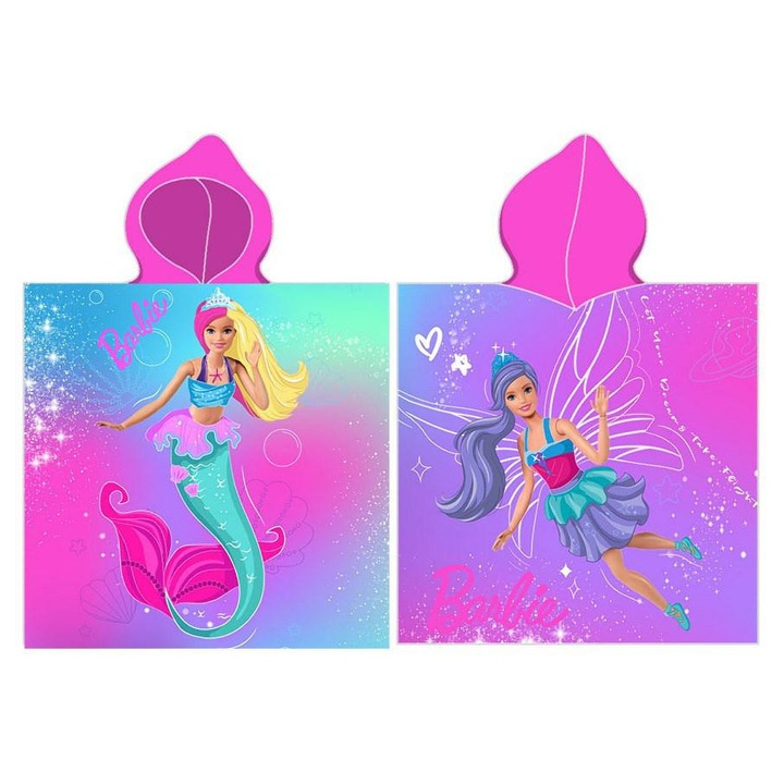 Пончо хавлия с качулка за деца, Carbotex, Barbie Summer C23, розов, 50x115 см, 100% памук