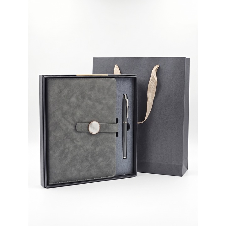 Set Premium Agenda A5, Pix Inclus, Cutie si Punga, Set Cadou, Gri Antracit, Piele Ecologica, Inchidere Magnetica tip Marmura