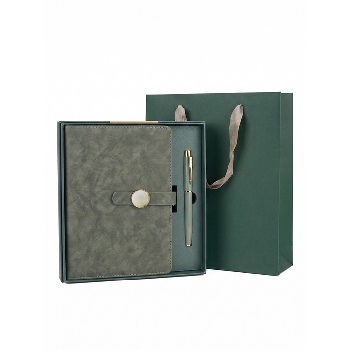 Set Premium Agenda A5, Pix Inclus, Cutie si Punga, Set Cadou, Verde Salvie, Piele Ecologica, Inchidere Magnetica tip Marmura