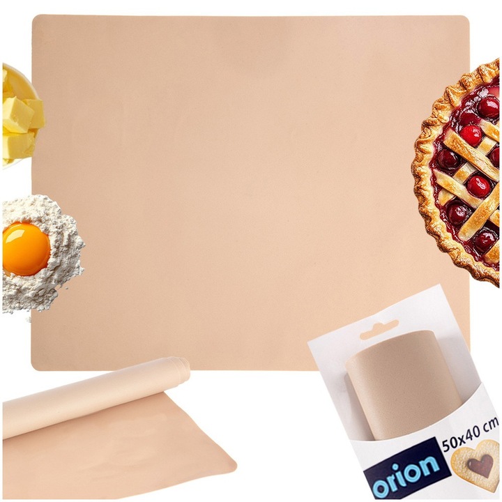 Plansa De Lucru Pentru Aluat Tip Covoras, Orion, 50x40 cm, Bej, Silicon Antiaderent Premium, Termorezistenta (-40°C La +220°C), Baza Antiderapanta Pentru Stabilitate Pe Blat, Flexibila Si Usor De Rulat, Lavabila La Masina De Spalat Vase