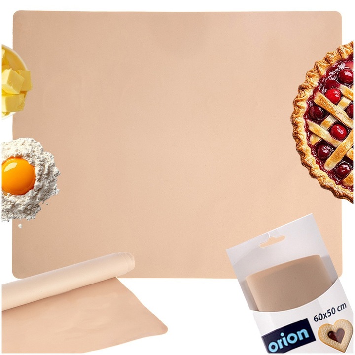 Plansa De Lucru Pentru Aluat Tip Covoras De Patiserie, Orion, 60x50 cm, Bej, Silicon Antiaderent Premium, Termorezistenta (-40°C La 220°C), Antiderapanta Si Stabila Pe Blat, Flexibila Pentru Depozitare Usoara, Sigura Pentru Masina De Vase