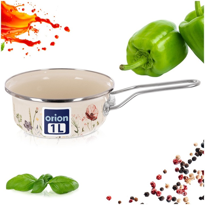 Cratita Cu Coada, Orion, Model Floral Maki Retro, 16x6.5 cm, Crem, Otel Emailat Si Inox, Capacitate 950 ml, Compatibila Cu Inductie Si Cuptor, Maner Lung, Lavabila In Masina De Spalat Vase, Antialergica, Vas Ideal Pentru Sosuri Si Incalzit Lapte