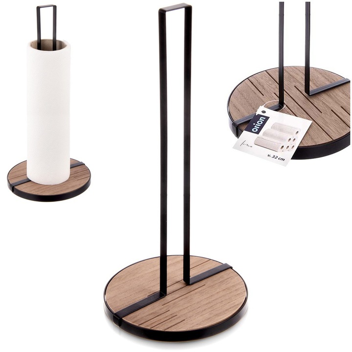 Függőleges papírtörlő tartó, Orion, Line sorozat, 15.5x15.5x32.5 cm, Matt fekete és natúr, Ellenálló fém és MDF talp, Modern ipari loft design, Kiváló stabilitás a pulton, Konyhai rendszerező kiegészítők Horeca