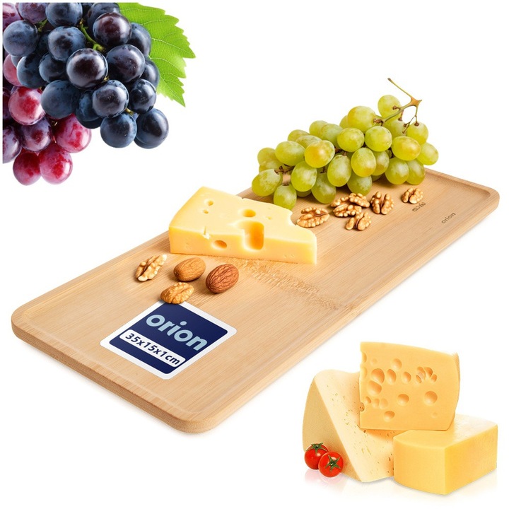 Platou Dreptunghiular Lung Pentru Aperitive, Orion, 35x15x1 cm, Natur, Lemn De Bambus Ecologic, Tava De Servire Spatioasa Pentru Deserturi, Branzeturi Sau Fructe, Suport Decorativ Pentru Lumanari, Rezistent La Umezeala, Ideal Pentru Uz Casnic Si Horeca