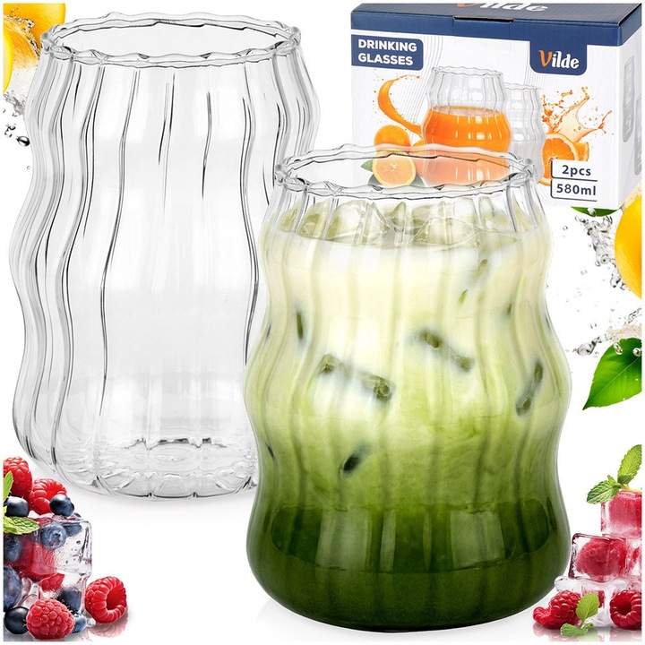 Set 2 Pahare Mari Pentru Apa Si Bauturi, Vilde, Forma Ondulata Cu Striatii Verticale, 12x8.5 cm (Capacitate 580 ml), Transparent, Sticla Borosilicata Termorezistenta (-20°C La 120°C), Ideale Pentru Cafea Si Cocktail, Lavabile In Masina De Vase