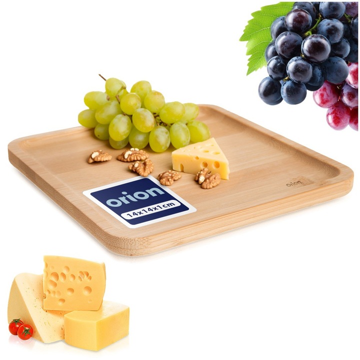 Platou Patrat Pentru Aperitive Si Gustari, Orion, 14x14x1.5 cm, Natur, Lemn De Bambus Ecologic, Tava Mica De Servire Eleganta Pentru Deserturi Si Branzeturi, Suport Decorativ Pentru Lumanari Si Aranjamente Masa, Durabil Si Rezistent La Umezeala, Util