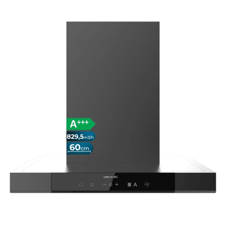 Hota de perete tip T, Cecotec, Bolero Flux Slim, clasa A+++, 829.5 m³/h, latime 60 cm, tehnologie motor DC, functie Air Cleaning, 3 trepte de putere + Double Booster, ajustare automata putere, control tactil/gesturi, filtre din aluminiu, antracit