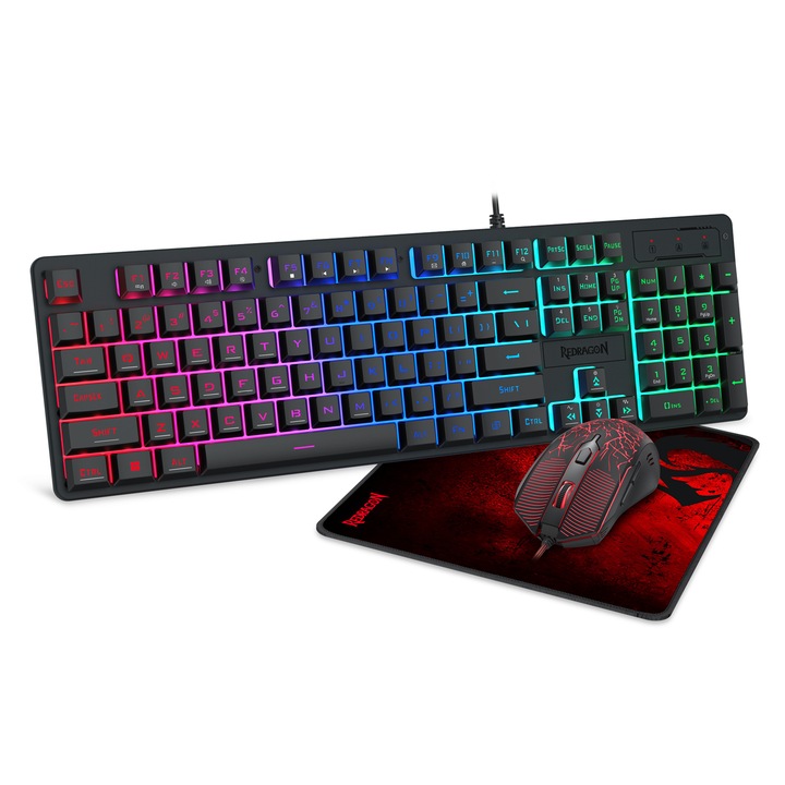 Kit tastatura si mouse cu fir Redragon S107 Gaming Essentials 3 in 1 V2, iluminare LED tastatura, iluminare rosie cu effect breathing mouse, mousepad rezistent la apa, Negru