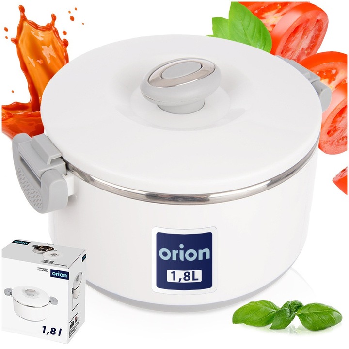 Termosz Ételhez, Orion, Termo Kerek Sorozat, 1.6 L Űrtartalom és 21.5x18x13 cm, Fehér Szürke Részletekkel, Rozsdamentes Acél és Prémium Műanyag, Dupla Falú Hőszigetelés, Melegen vagy Hidegen Tartja az Ételeket, Ebédlődoboz Típusú Fogantyúval