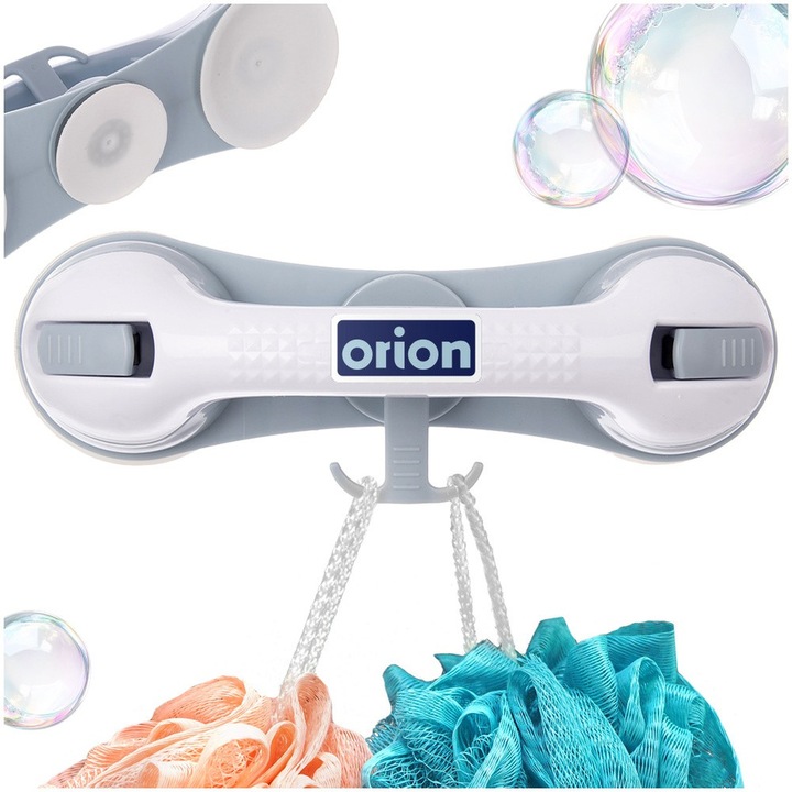 Maner De Sprijin Pentru Baie, Orion, Model Cu 3 Ventuze Si Carlig, 28.5x9x8.5 cm Suporta 100 kg, Alb Si Bleu, Plastic Robust Rezistent La Umezeala, Prindere Sigura Fara Gaurire Pentru Dus Sau Cada, Siguranta Seniori, Mobilitate Redusa