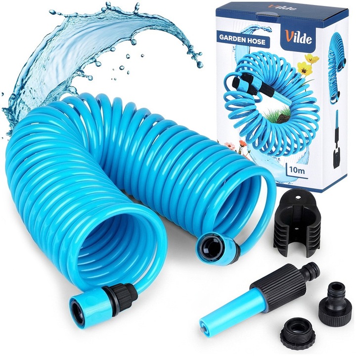 Furtun De Gradina Extensibil Tip Spirala, Vilde, Set Complet Cu Accesorii De Udare Si Suport Perete, Lungime Maxima 10 M, Albastru, Plastic Rezistent Si Flexibil, Include Pistol De Stropit Si Conectori, Ideal Pentru Curte Terasa Sere Si Gazon