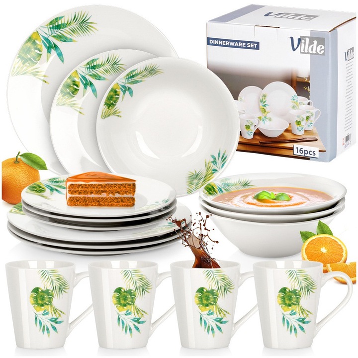 Vilde 4 Személyes Étkezőkészlet, Modern Növényi Motívumokkal és Növényekkel, 16 Darab (Lapos Tányérok, 600 ml-es Tálak, Desszert Tányérok, Bögrék), Fehér Zöld Dekorral, Kiváló Minőségű Porcelán, Mosogatógépben Mosható, Trendi Design